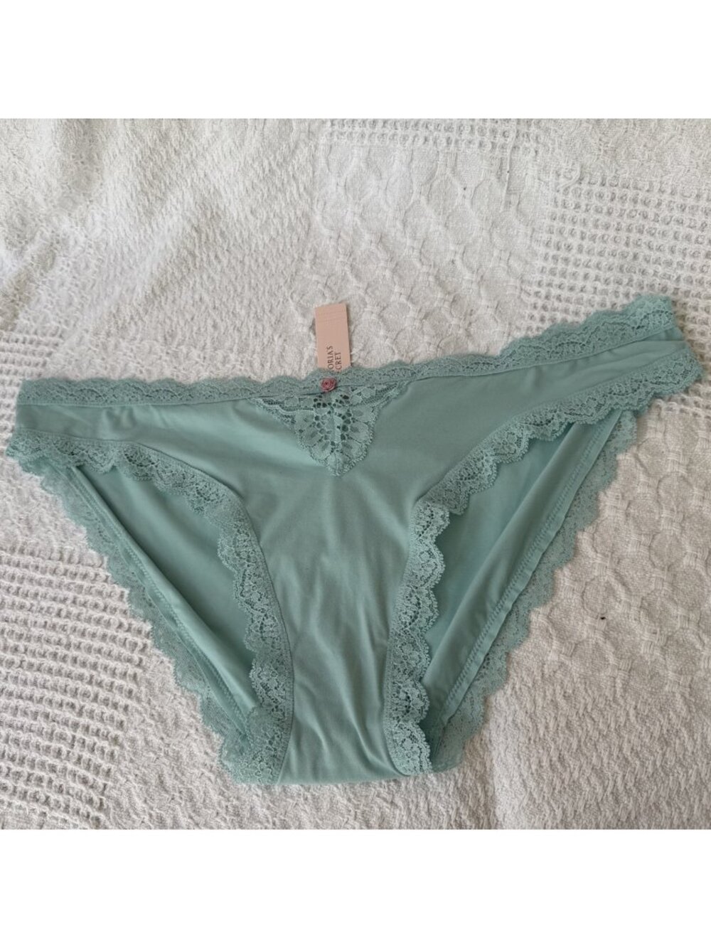 VICTORIA'S SECRET XL BLUE SILKY LACE TRIM BIKINI PANTIES PINK BOW NWT
